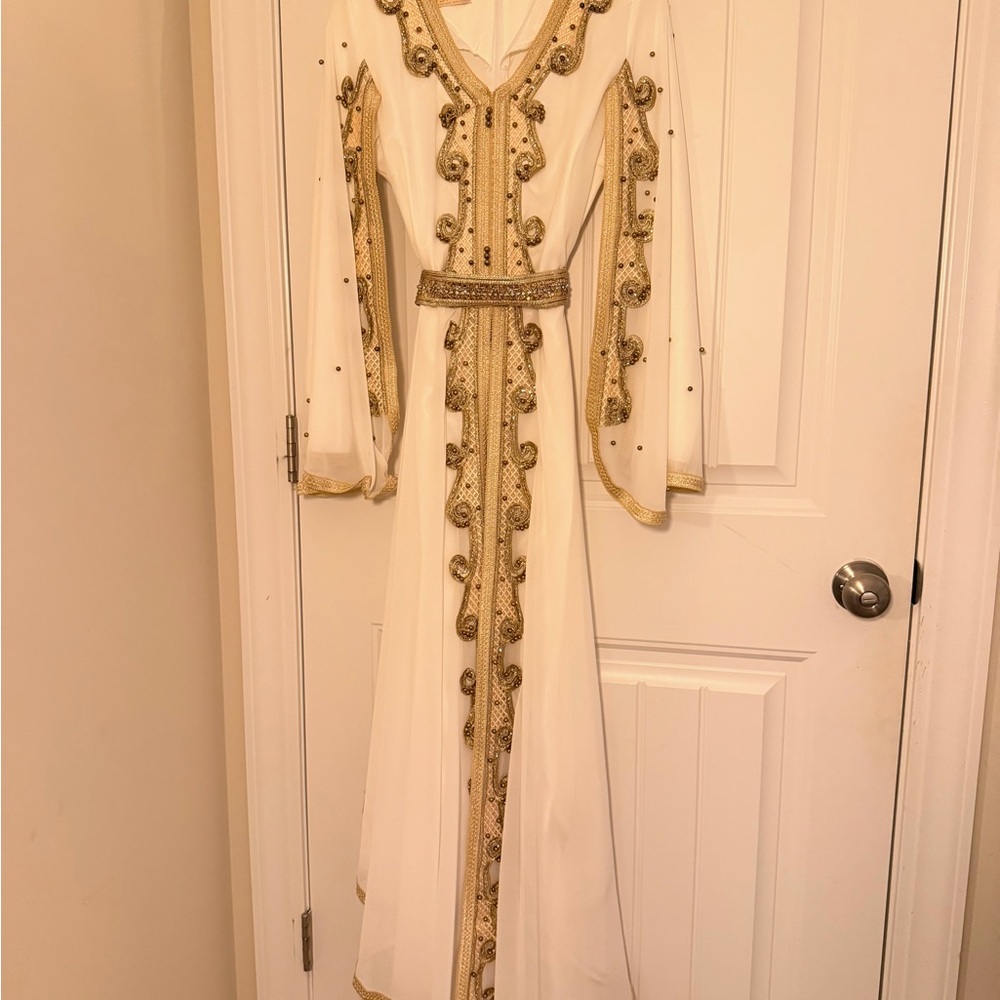 Elegant White and Gold Embellished Dress